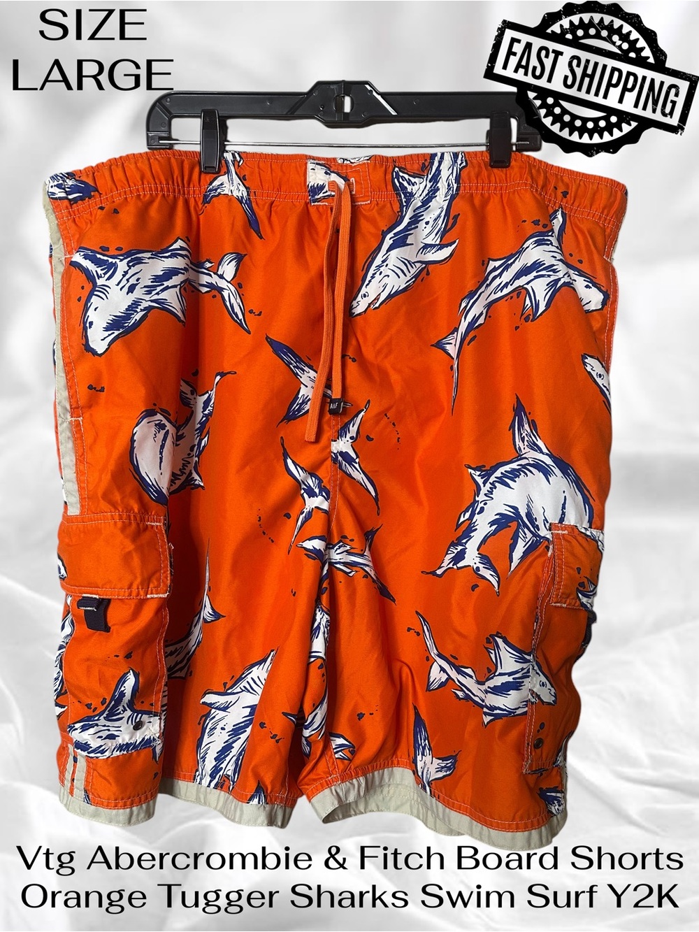 Vtg Abercrombie & Fitch Board Shorts Sz Large Orange Tugger Sharks Swim Surf Y2K